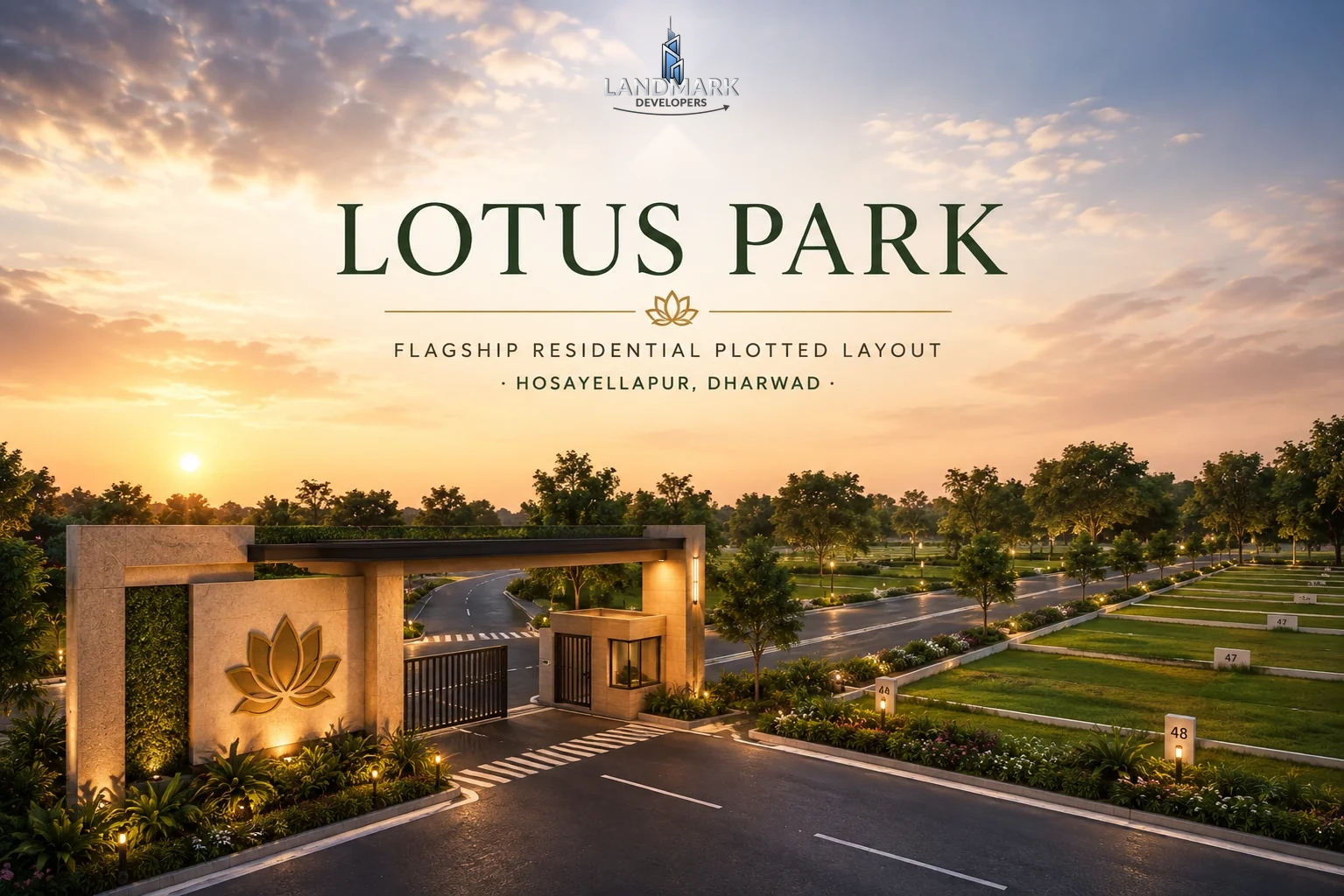 Lotus Park residential plotted layout entrance at sunset, Hosayellapur, Dharwad